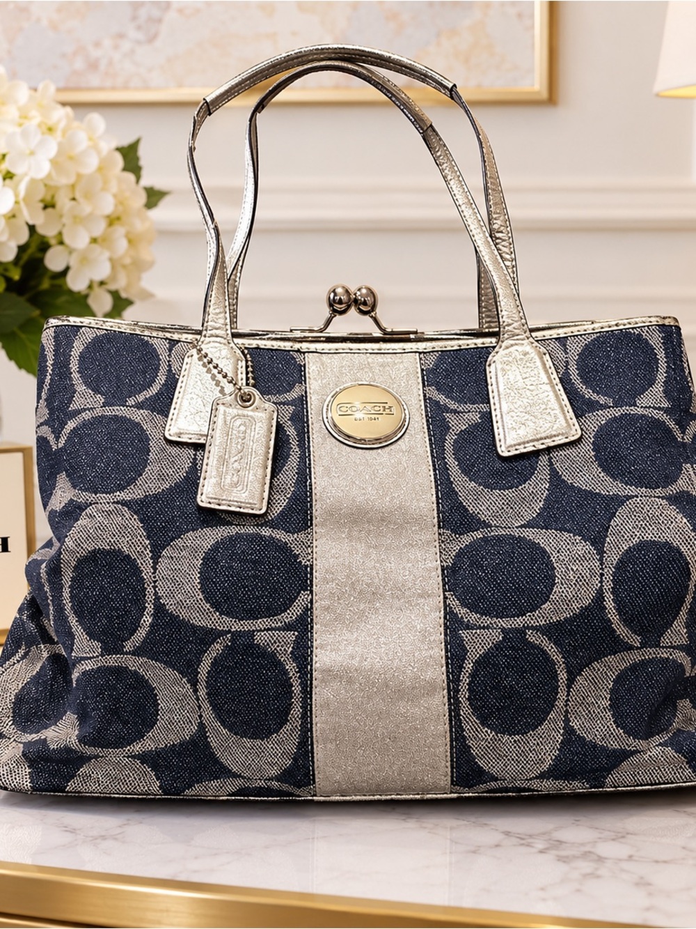 Coach Signature Stripe Framed Carryall Denim Tote